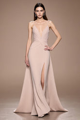 Champagner Maxi Abendkleid aus Satin mit Rüschen und Schlitz in A-Linie